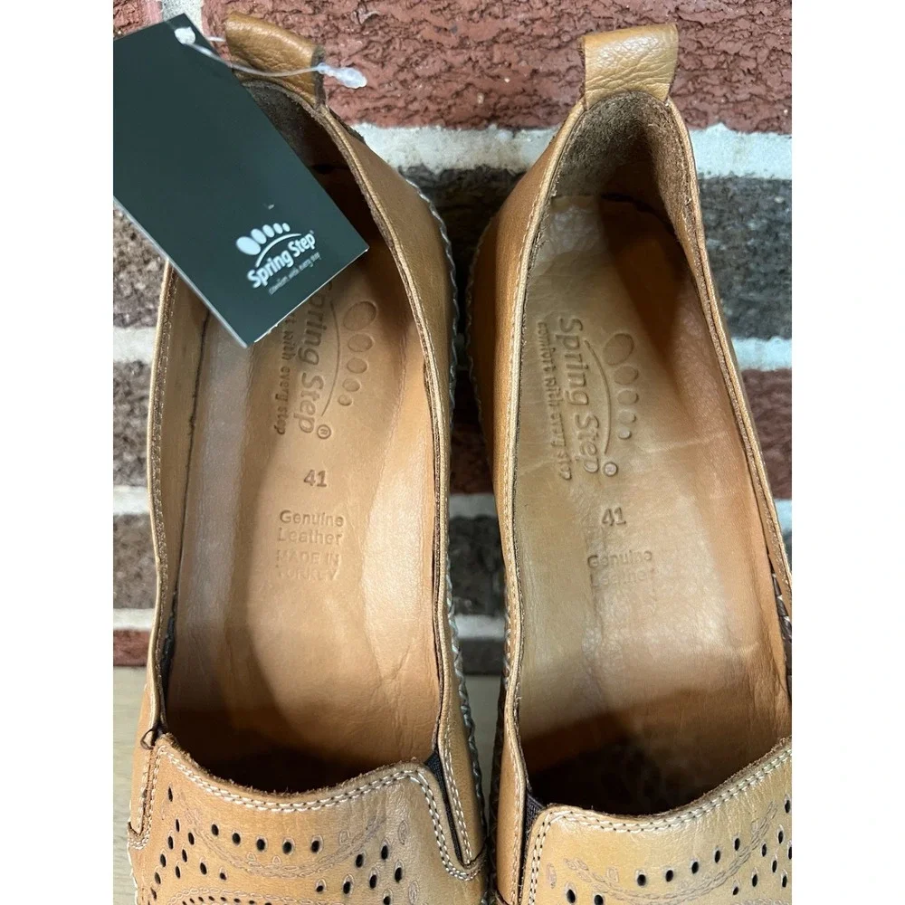 Spring Step Ingrid Women's Brown Leather Cutout‎ Floral Slip On Loafer Size 41